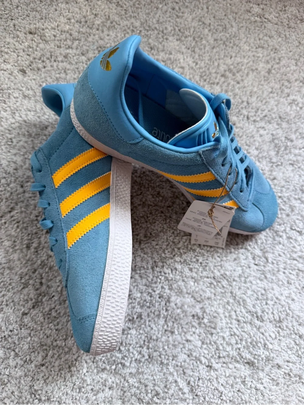 adidas womens Gazelle J Blue with Yellow Stripes Suede Sneakers